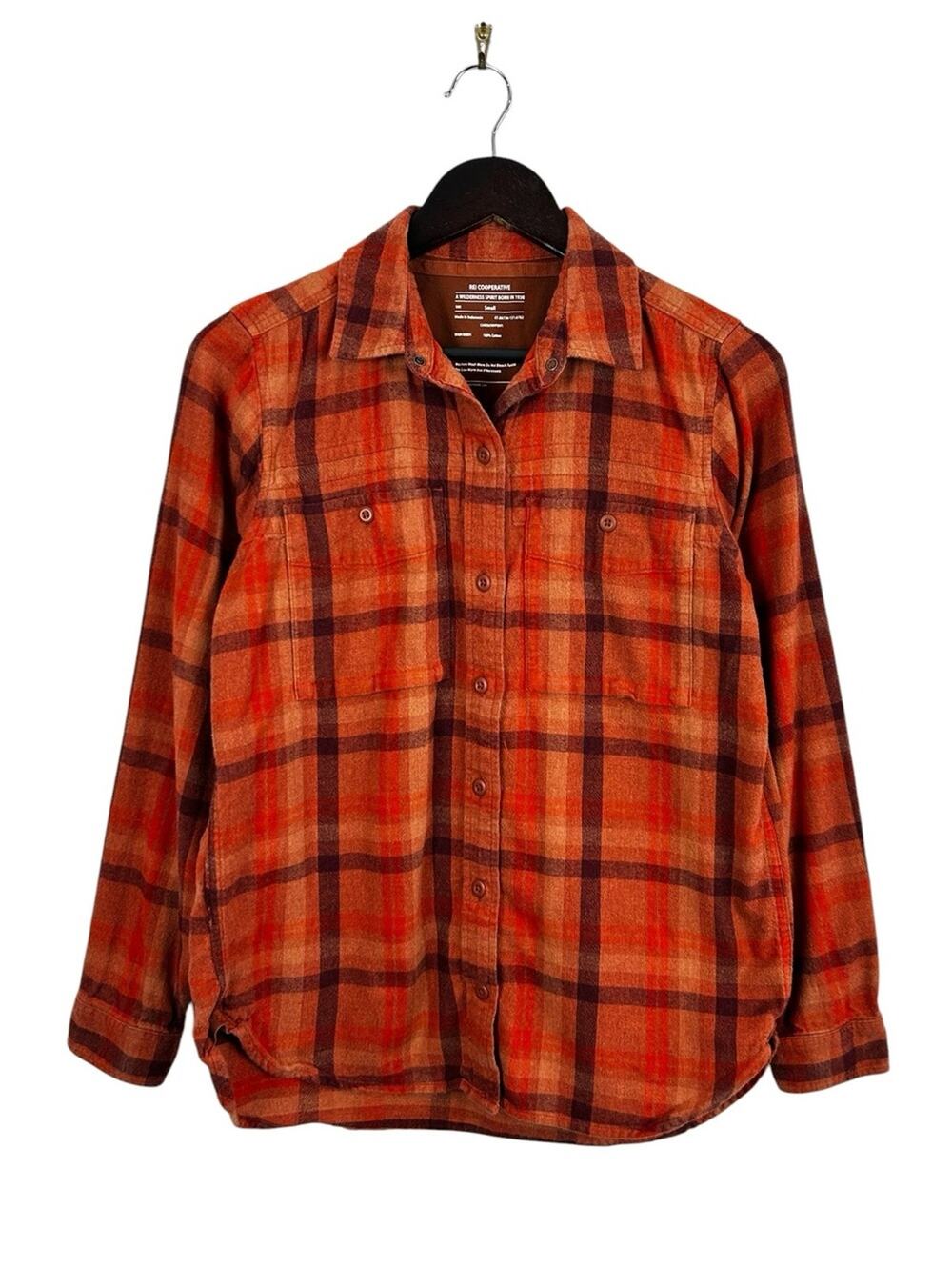 REI Cooperative Orange Plaid Button-Up Flannel Women's Size Small 100% Cotton